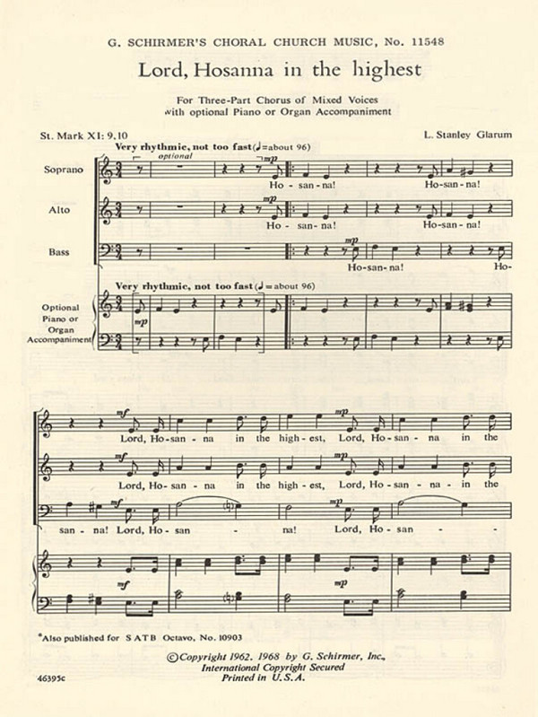L. Stanley Glarum, Lord Hosanna In The Highest St&nbsp;&nbsp;SAB&nbsp;&nbsp;Chorpartitur