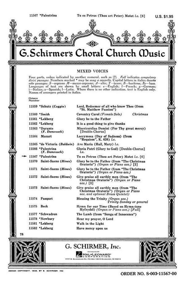 Giovanni Pierluigi da Palestrina, Tu Es Petrus Thou Art Peter&nbsp;&nbsp;SSAATB a Cappella&nbsp;&nbsp;Chorpartitur