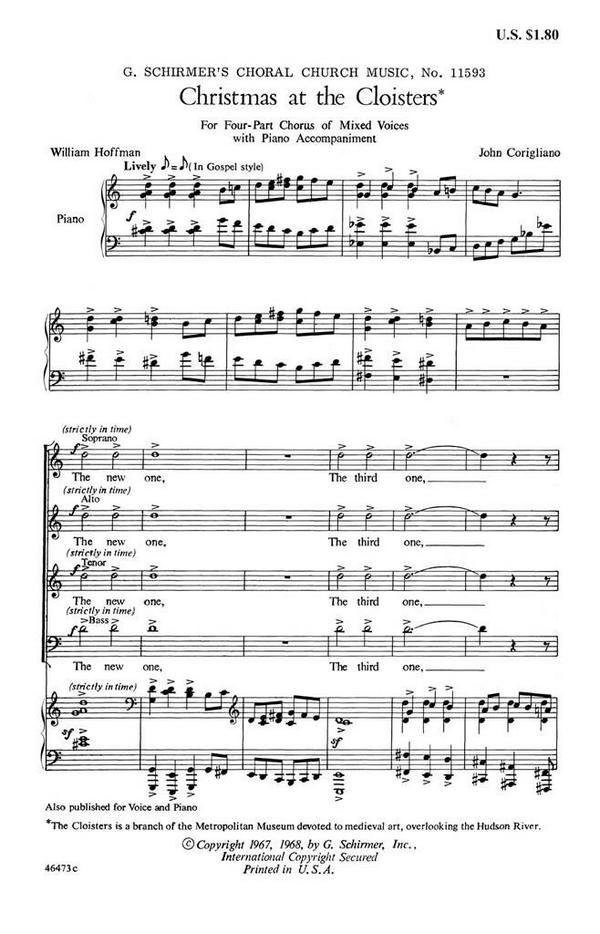 John Corigliano, Christmas At The Cloisters&nbsp;&nbsp;SATB and Piano&nbsp;&nbsp;Chorpartitur