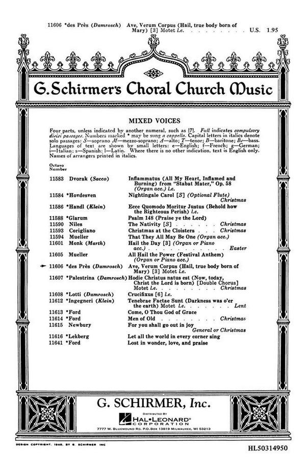 Josquin des Prés, Ave Verum Corpus&nbsp;&nbsp;SA a Cappella&nbsp;&nbsp;Chorpartitur