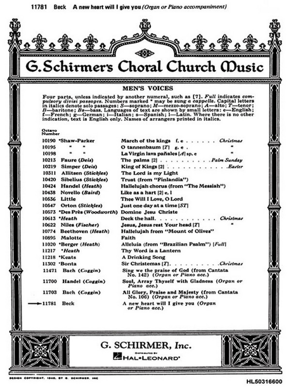 John Ness Beck, New Heart Will I Give You&nbsp;&nbsp;TTBB and Piano&nbsp;&nbsp;Chorpartitur