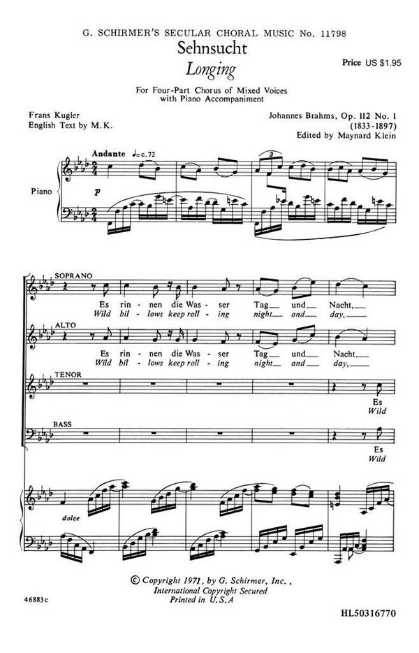Johannes Brahms, Sehnsucht Op.112 No.1&nbsp;&nbsp;SATB&nbsp;&nbsp;Chorpartitur