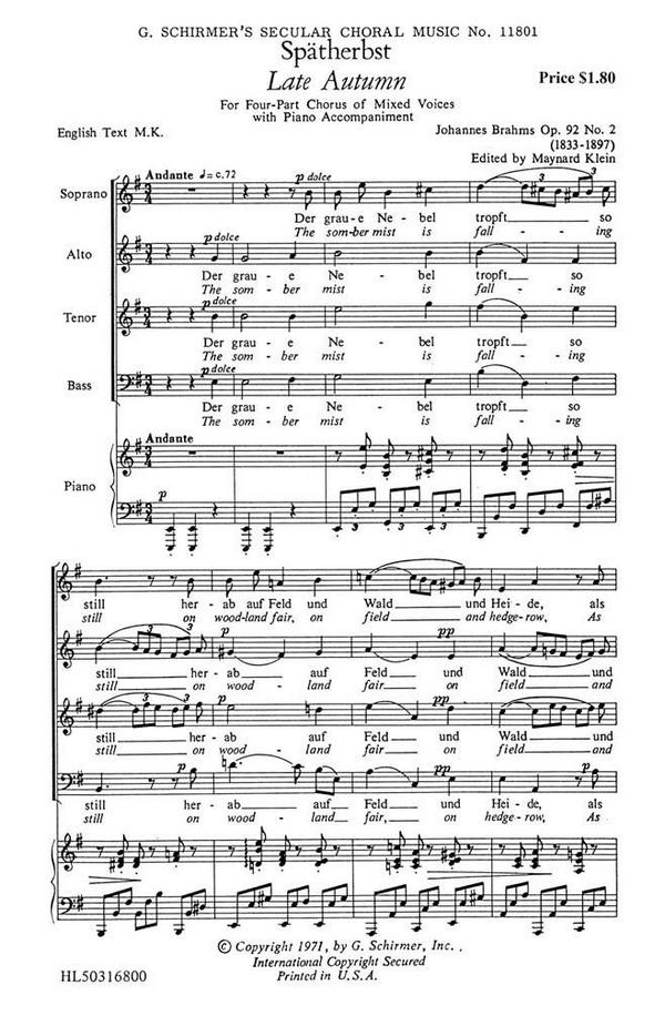 Johannes Brahms, Spatherbst&nbsp;&nbsp;SATB&nbsp;&nbsp;Chorpartitur