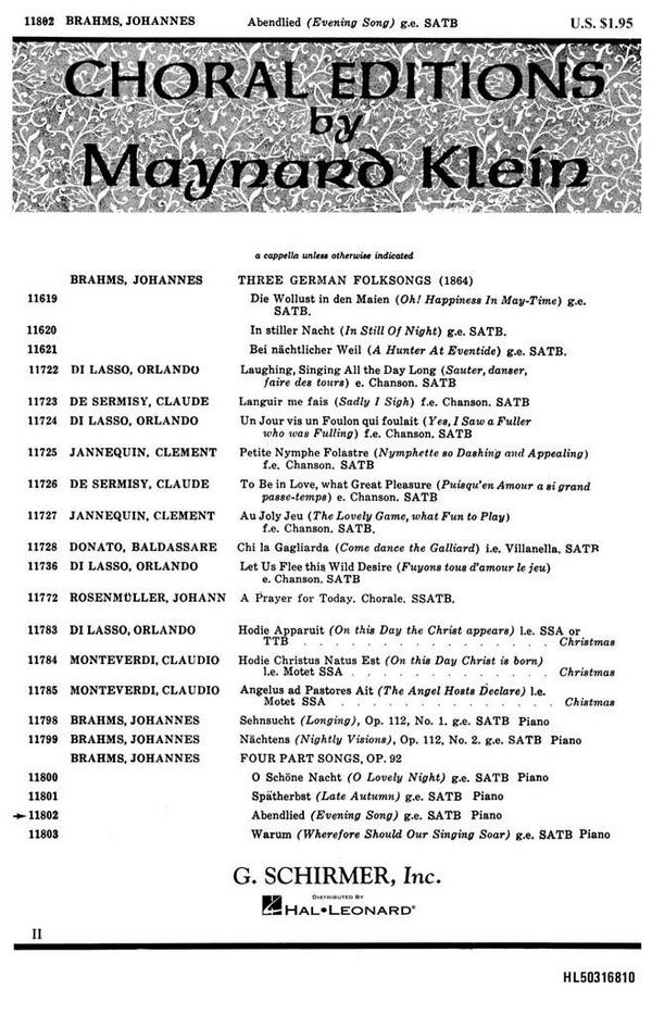 Johannes Brahms, Abenlied Op. 92 No. 3&nbsp;&nbsp;SATB and Piano&nbsp;&nbsp;Chorpartitur