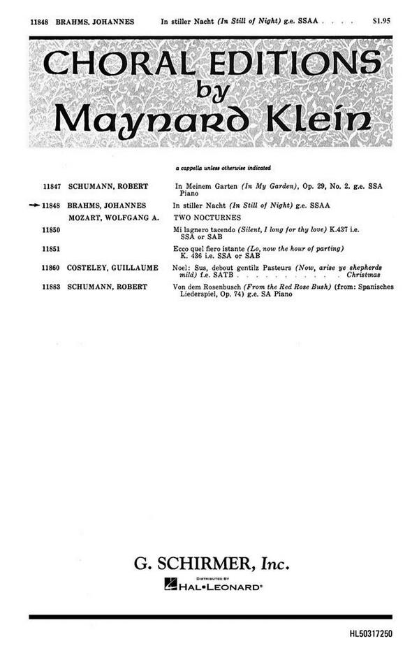 Johannes Brahms, In Stiller Nacht&nbsp;&nbsp;SSAA&nbsp;&nbsp;Chorpartitur