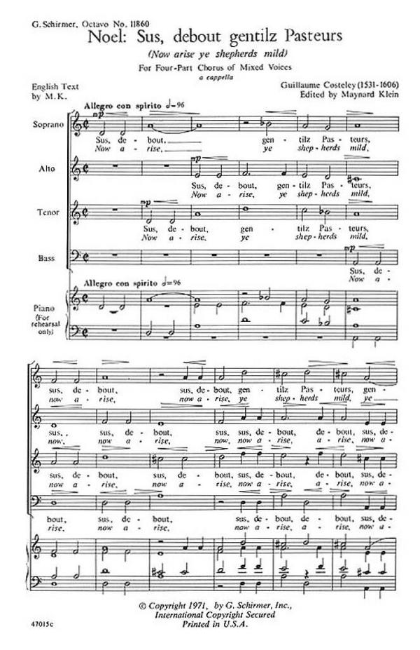 Guillaume Costeley, Noel - Sus Debout Gentilz Pasteurs&nbsp;&nbsp;SATB a Cappella&nbsp;&nbsp;Chorpartitur