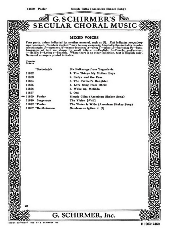Folk Song, Simple Gifts&nbsp;&nbsp;SATB&nbsp;&nbsp;Chorpartitur