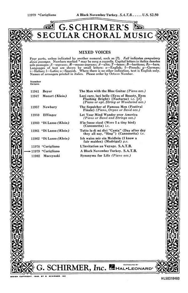 J Corigliano, Black November Turkey&nbsp;&nbsp;Solo TB + SA&nbsp;&nbsp;Chorpartitur
