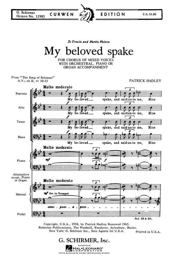 P Hadley, My Beloved Spake (from The Song of Solomon)&nbsp;&nbsp;SATB with Piano or Organ&nbsp;&nbsp;Chorpartitur