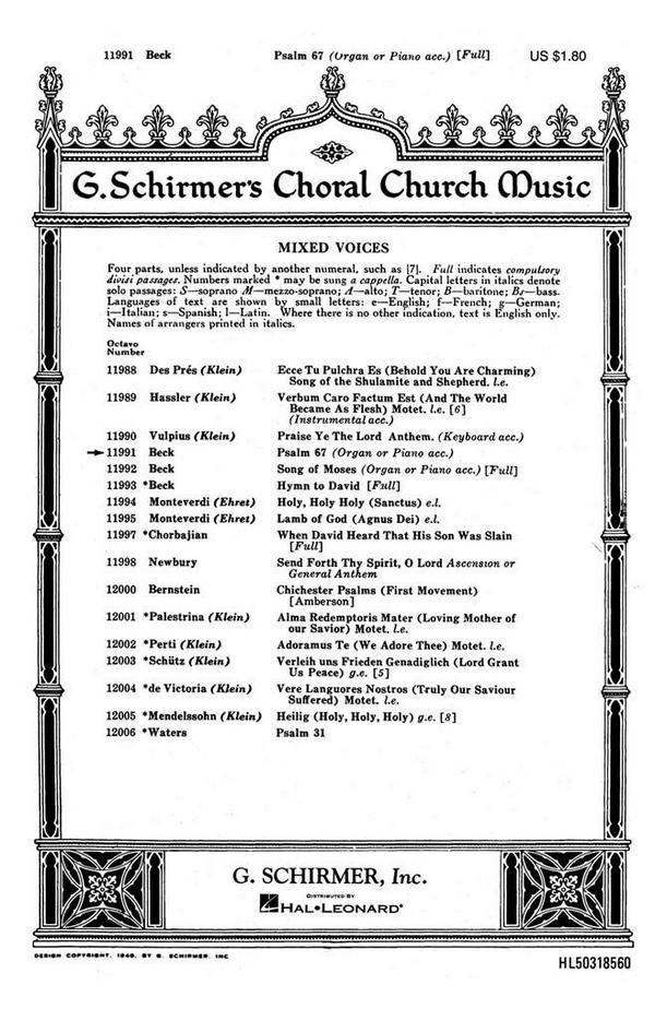 John Ness Beck, Psalm 67&nbsp;&nbsp;SATB and Piano&nbsp;&nbsp;Chorpartitur