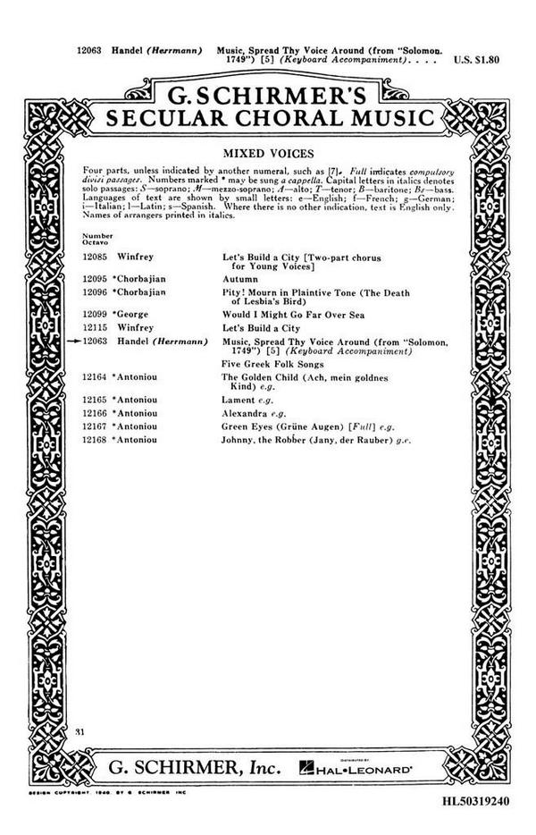 Georg Friedrich Händel, Music Spread Thy Voice Around (From Solomon)&nbsp;&nbsp;SSATB and Piano&nbsp;&nbsp;Chorpartitur