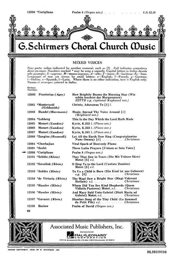 John Corigliano, Psalm 8&nbsp;&nbsp;SATB and Organ&nbsp;&nbsp;Chorpartitur
