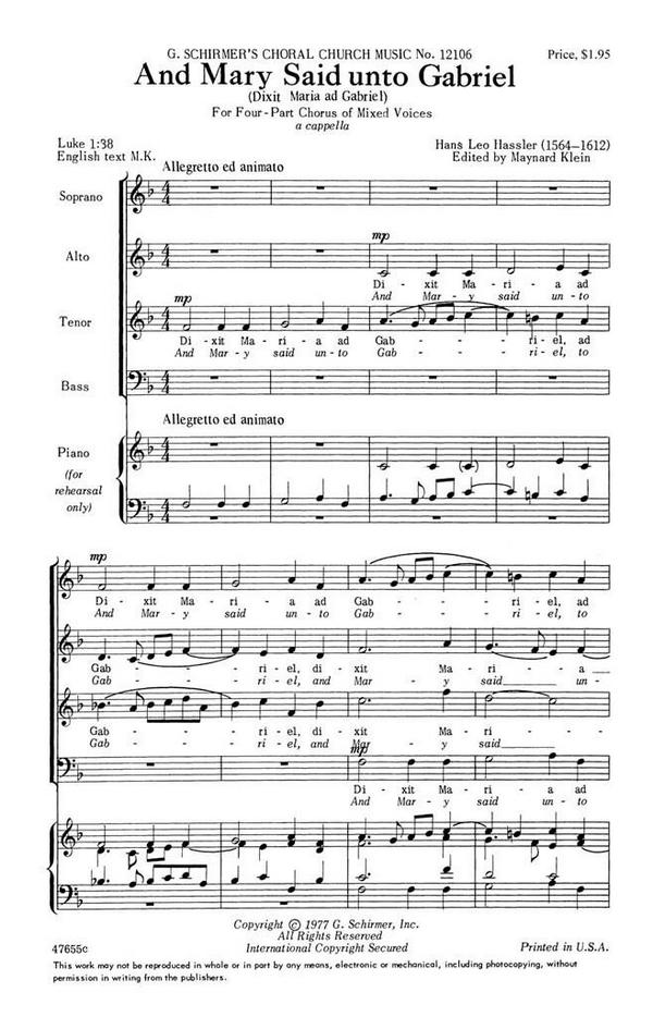 Hans Leo Hassler, Mary Said Unto Gabriel&nbsp;&nbsp;SATB a Cappella&nbsp;&nbsp;Chorpartitur