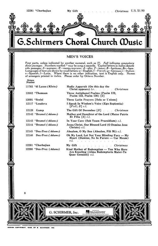 John Chorbajian, My Gift&nbsp;&nbsp;TTBB a Cappella&nbsp;&nbsp;Chorpartitur