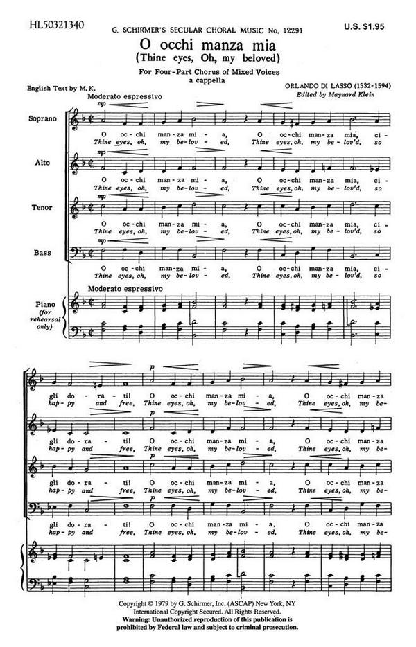 Orlando di Lasso, O Occhi Manza Mia (Thine Eyesoh,My Beloved)&nbsp;&nbsp;SATB a Cappella&nbsp;&nbsp;Chorpartitur