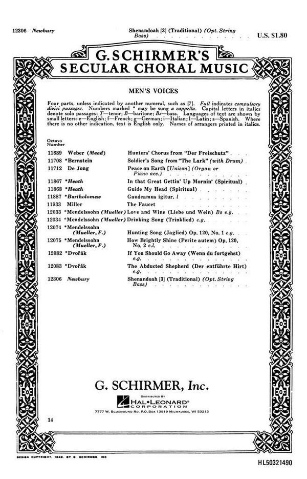 Kent A. Newbury, Shenandoah&nbsp;&nbsp;TTBB&nbsp;&nbsp;Chorpartitur