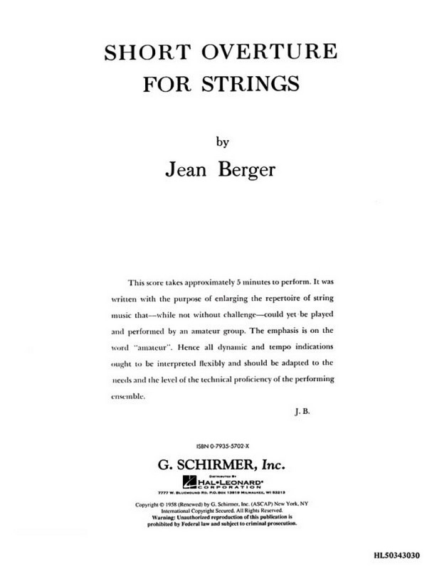 Jean Berger, Short Overture for Strings&nbsp;&nbsp;Orchestra&nbsp;&nbsp;Partitur