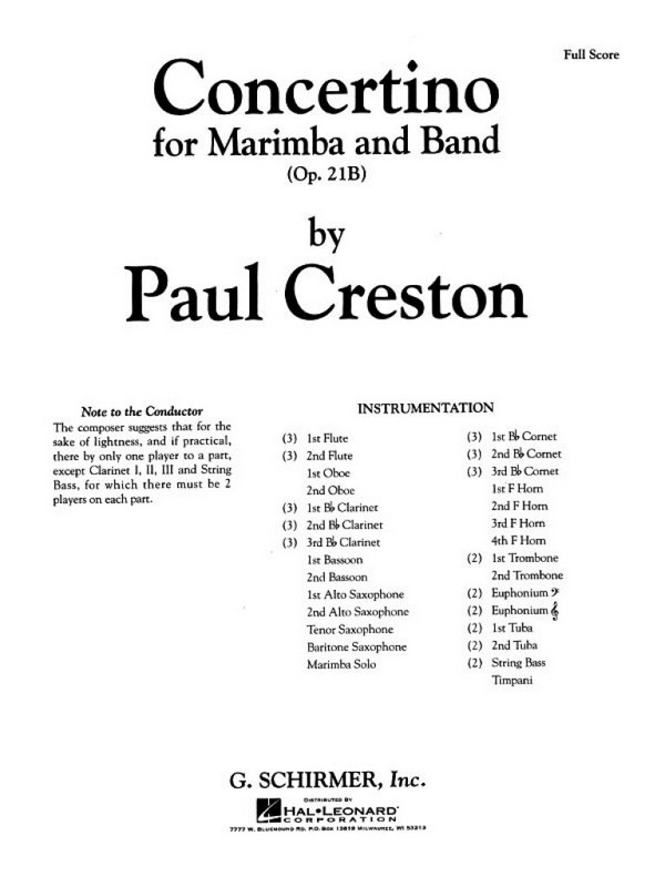 Paul Creston, Concertino for Marimba and Band, Op. 21b&nbsp;&nbsp;Marimba and Concert Band&nbsp;&nbsp;Partitur