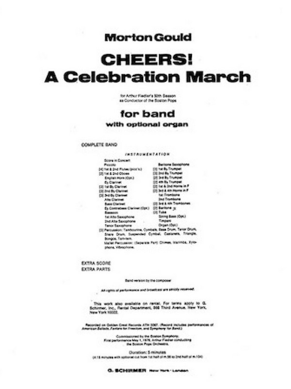 Morton Gould, Cheers! A Celebration March&nbsp;&nbsp;Concert Band and Opt Organ&nbsp;&nbsp;Partitur + Stimmen
