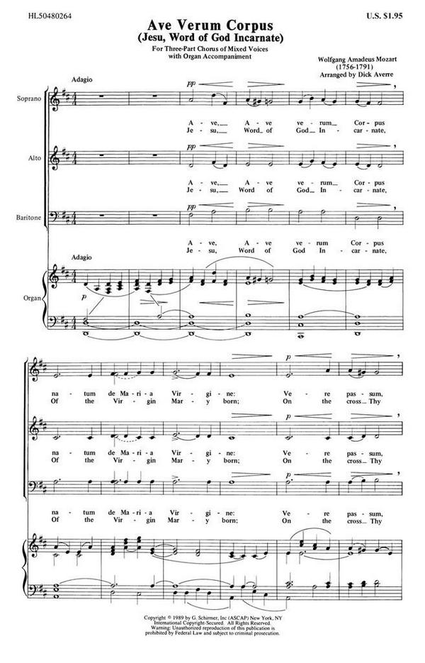 Wolfgang Amadeus Mozart, Ave Verum Corpus&nbsp;&nbsp;SATB and Organ&nbsp;&nbsp;Chorpartitur