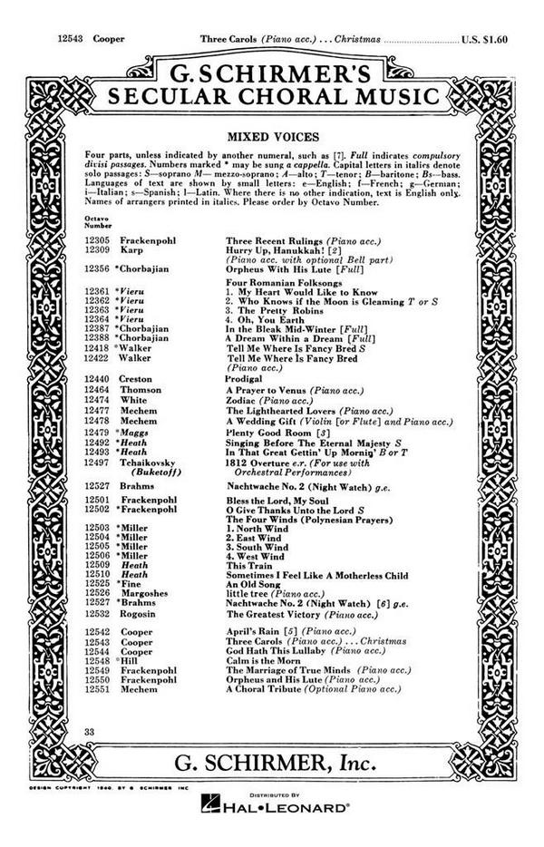 S Cooper, Three Carols With Piano&nbsp;&nbsp;SATB and Piano&nbsp;&nbsp;Chorpartitur