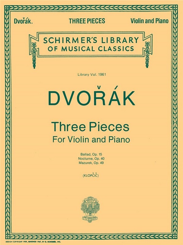 Antonín Dvorák, Three Pieces For Violin And Piano  Violine und Klavier  Buch