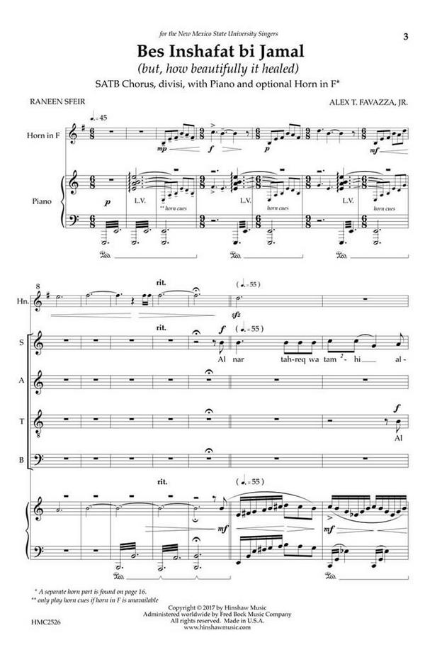 Alex Farazza, Bes Inshafat Bi Jamal  Mixed Choir [SATB] and French Horn  Chorpartitur