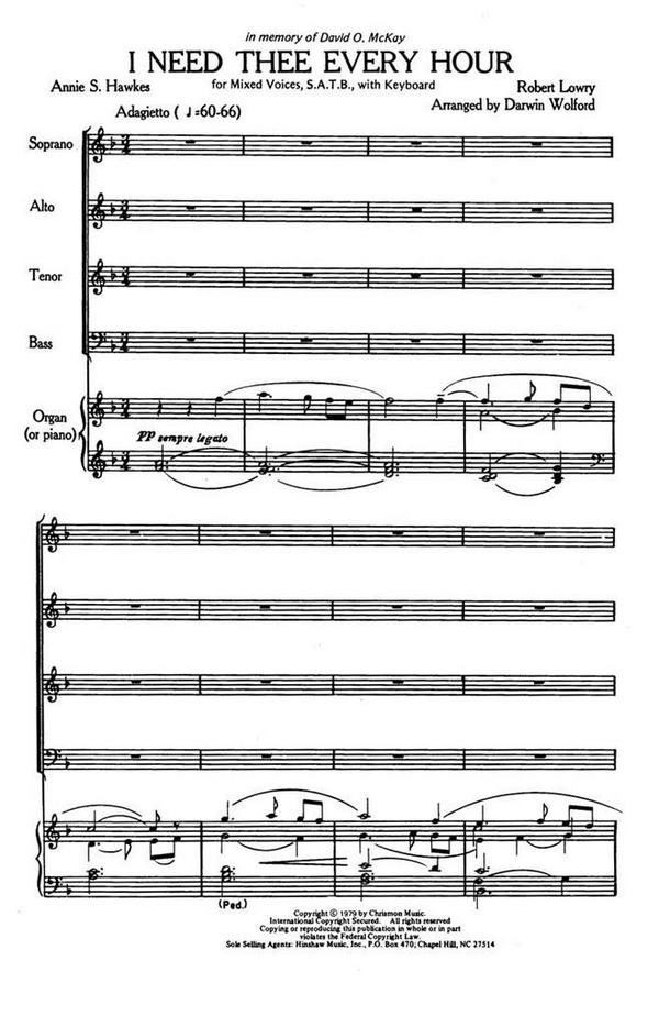 Robert Lowry, I Need Thee Every Hour&nbsp;&nbsp;SATB and Keyboard&nbsp;&nbsp;Chorpartitur