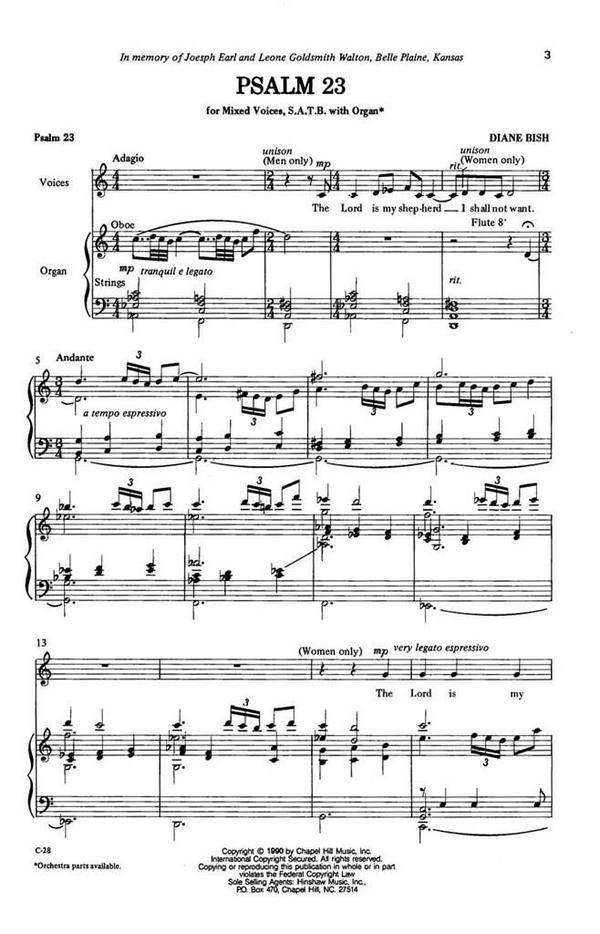 Diane Bish, Psalm 23&nbsp;&nbsp;SATB and Organ&nbsp;&nbsp;Chorpartitur