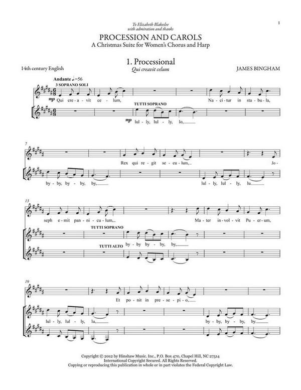 James Bingham, Procession And Carols&nbsp;&nbsp;SSAA, Piano Or Harp&nbsp;&nbsp;Chorpartitur