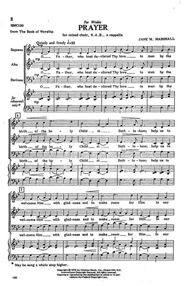 Jane Marshall, Prayer&nbsp;&nbsp;SAB a Cappella&nbsp;&nbsp;Chorpartitur
