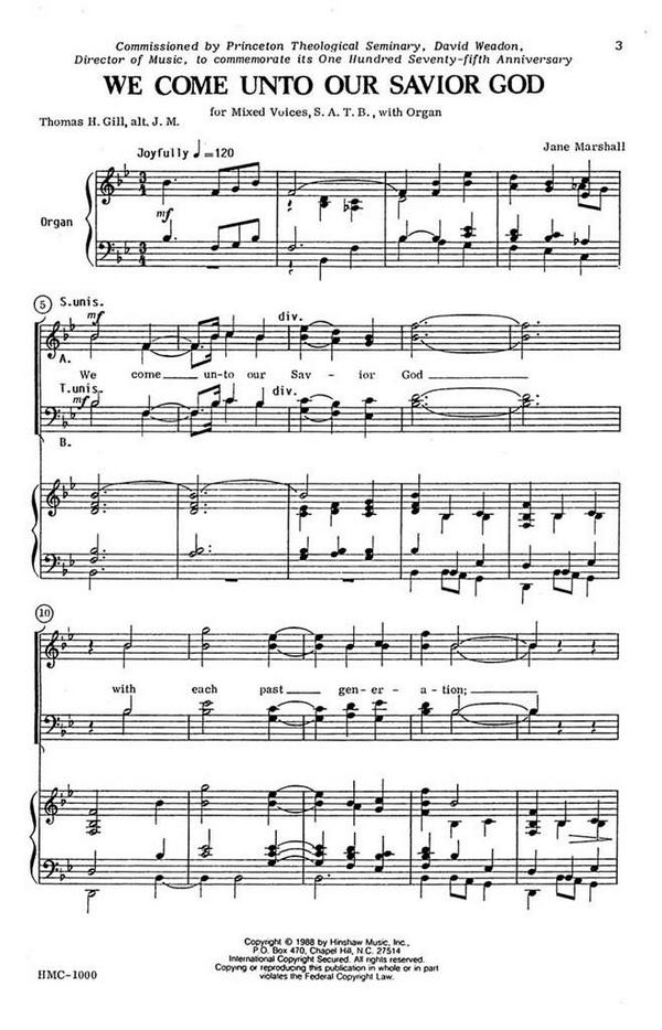 Jane Marshall, We Come Unto Our Savior God&nbsp;&nbsp;SATB and Organ&nbsp;&nbsp;Chorpartitur