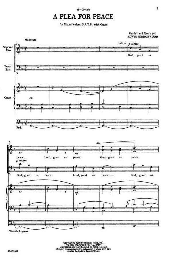 Edwin Penhorwood, A Plea For Peace&nbsp;&nbsp;SATB and Organ&nbsp;&nbsp;Chorpartitur
