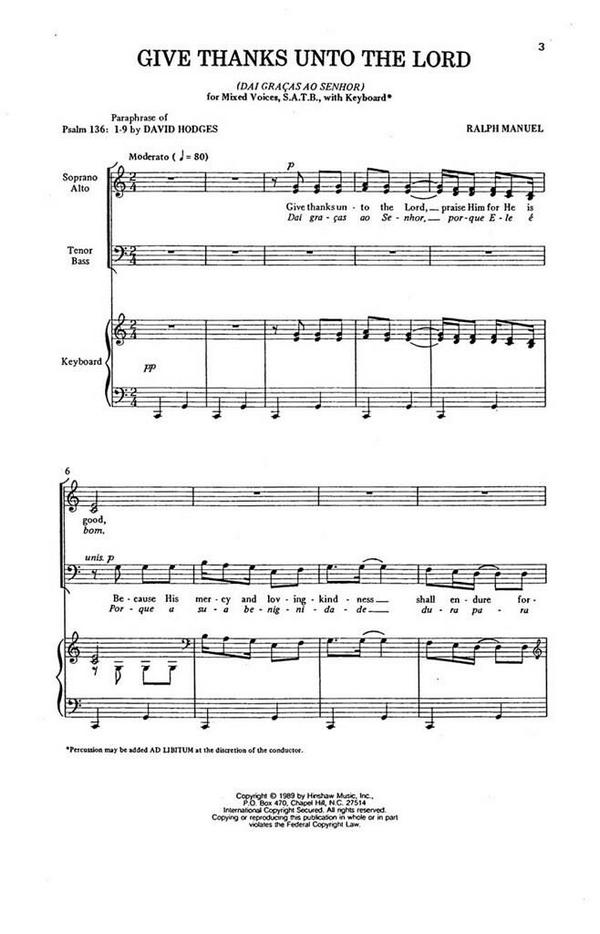 Ralph Manuel, Give Thanks Unto The Lord&nbsp;&nbsp;SATB, Keyboard, Optional Percussion&nbsp;&nbsp;Chorpartitur