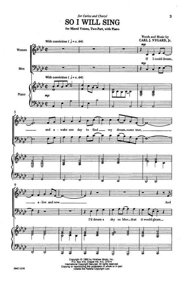 Carl Nygard, So I Will Sing&nbsp;&nbsp;2-Part Choir and Piano&nbsp;&nbsp;Chorpartitur