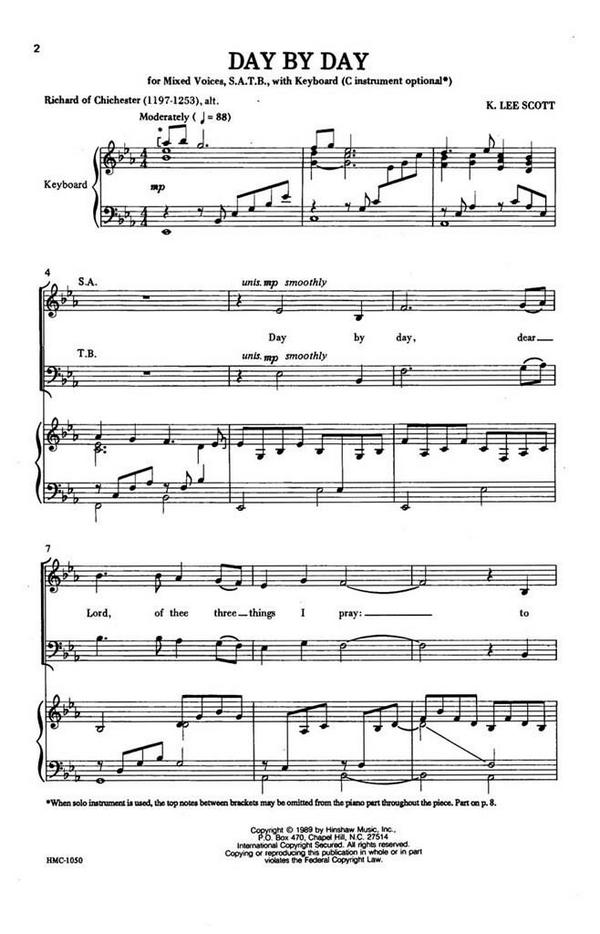 K. Lee Scott, Day By Day&nbsp;&nbsp;SATB, Keyboard, Optional C-Instrumentation&nbsp;&nbsp;Chorpartitur