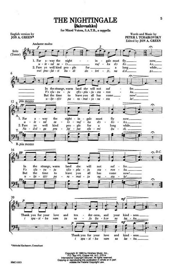 Pyotr Ilyich Tchaikovsky, The Nightingale&nbsp;&nbsp;SATB a Cappella&nbsp;&nbsp;Chorpartitur