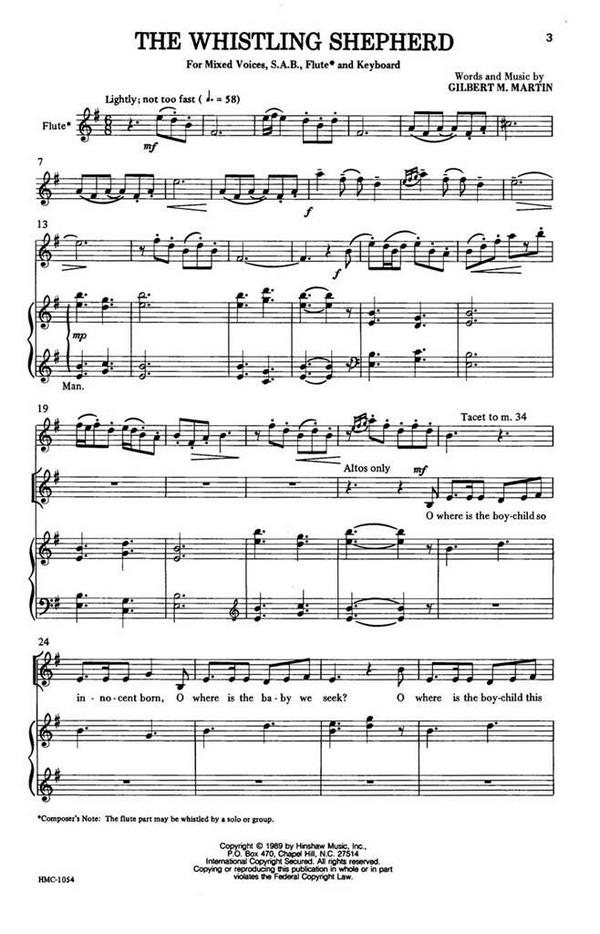 Gilbert Martin, The Whistling Shepherd&nbsp;&nbsp;SAB, Keyboard and Flute&nbsp;&nbsp;Chorpartitur