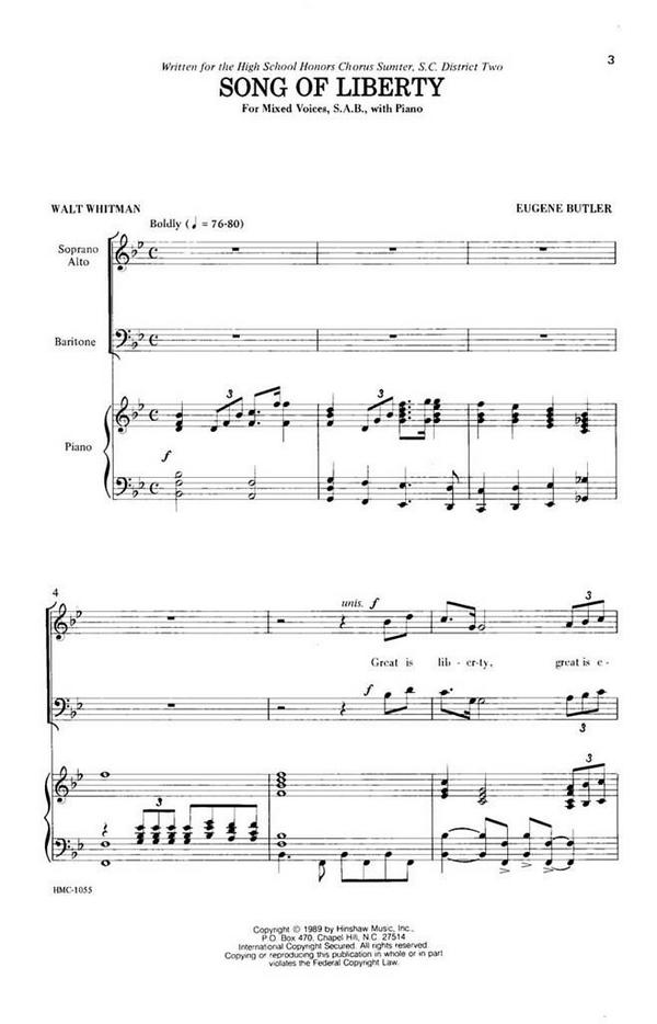 Eugene Butler, Song Of Liberty&nbsp;&nbsp;SAB, Piano&nbsp;&nbsp;Chorpartitur