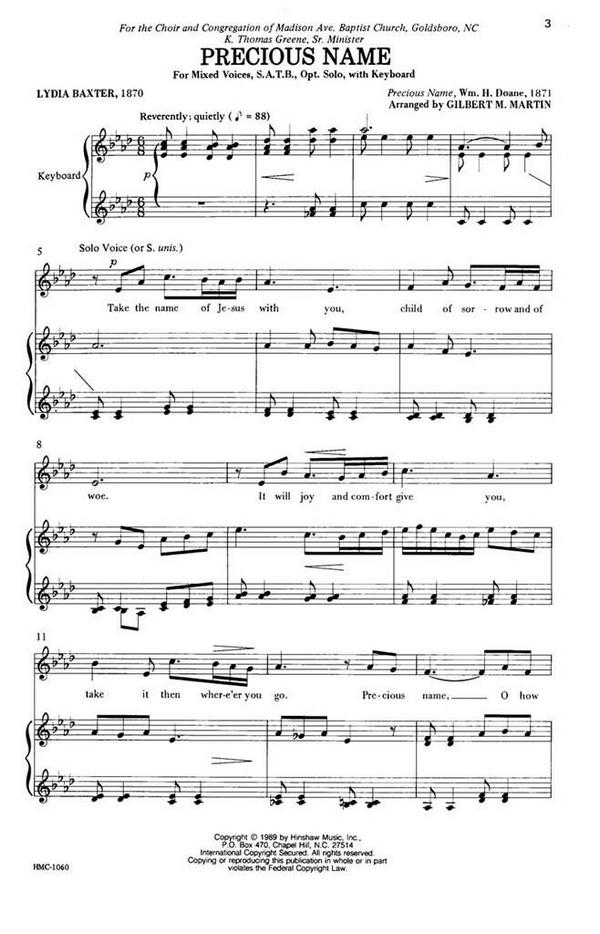 William Howard Doane, Precious Name&nbsp;&nbsp;SATB, Optional Solo, Keyboard&nbsp;&nbsp;Chorpartitur