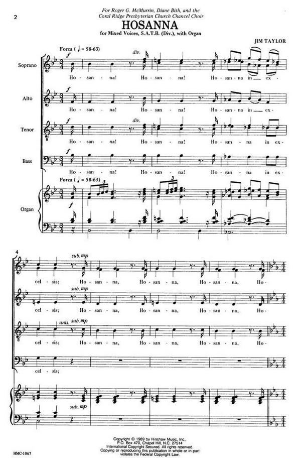 Jim Taylor, Hosanna&nbsp;&nbsp;SATB Divisi, Organ&nbsp;&nbsp;Chorpartitur