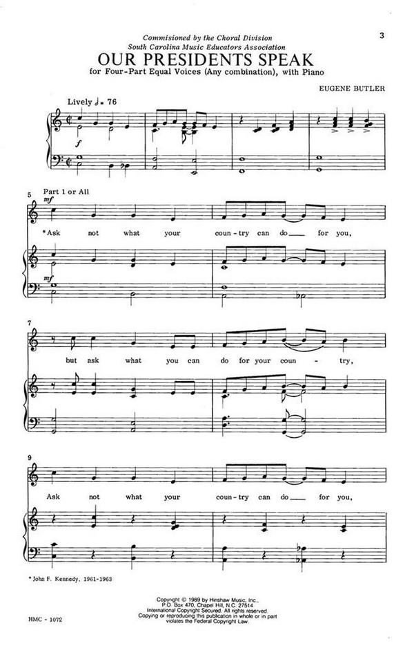 Eugene Butler, Our Presidents Speak&nbsp;&nbsp;4 Equal Voices, Piano&nbsp;&nbsp;Chorpartitur