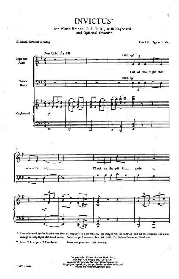 Carl Nygard, Invictus&nbsp;&nbsp;SATB and Keyboard&nbsp;&nbsp;Chorpartitur