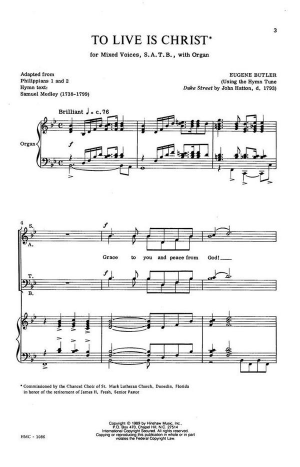 John D. Hatton, To Live Is Christ&nbsp;&nbsp;SATB and Organ&nbsp;&nbsp;Chorpartitur