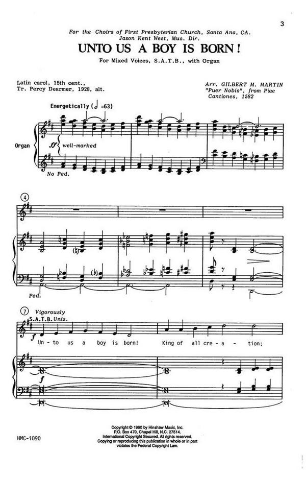 Unto Us A Boy Is Born!&nbsp;&nbsp;SATB and Organ&nbsp;&nbsp;Chorpartitur