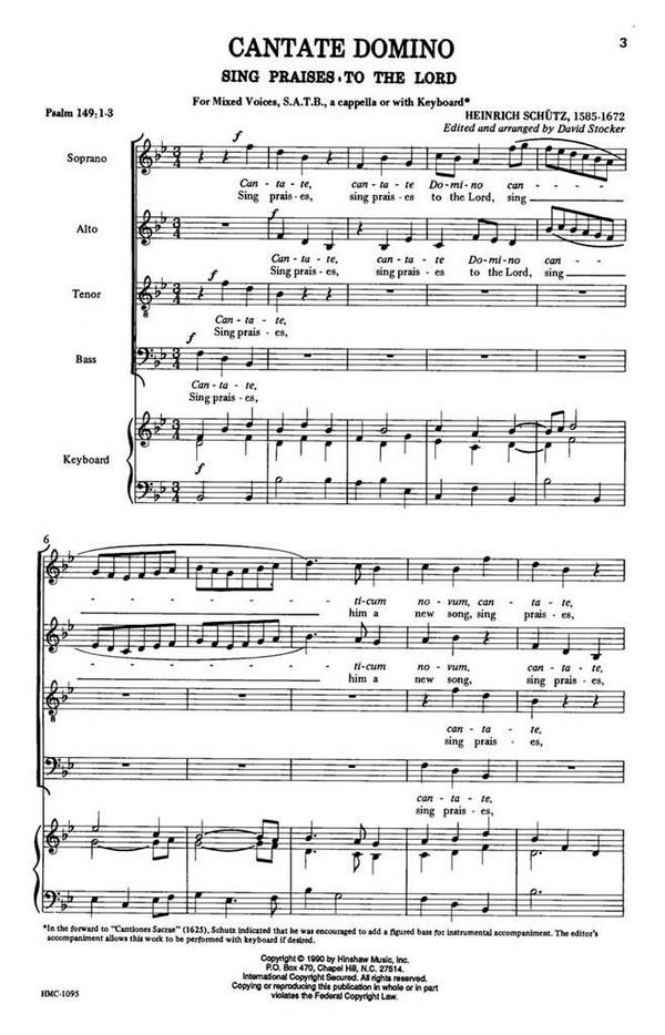 Heinrich Schütz, Cantate Domino&nbsp;&nbsp;SATB, Keyboard Optional&nbsp;&nbsp;Chorpartitur