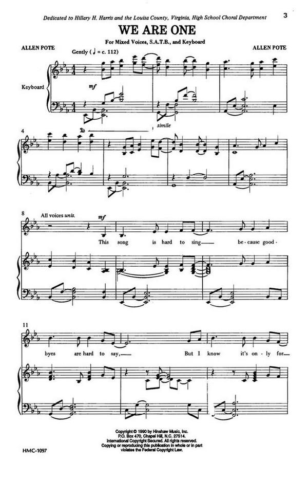 We Are One&nbsp;&nbsp;for mixed chorus and piano&nbsp;&nbsp;score