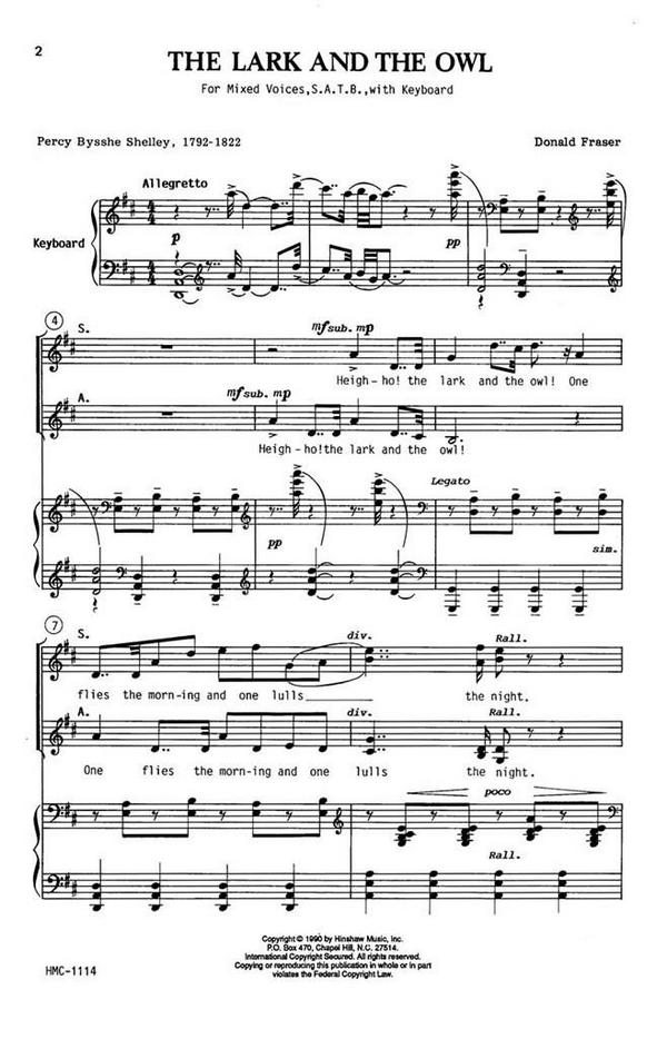 Donald Fraser, The Lark And The Owl&nbsp;&nbsp;SATB and Keyboard&nbsp;&nbsp;Chorpartitur