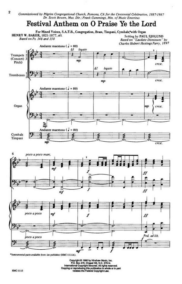 C. Hubert Parry, Festival Anthem On O Praise Ye The Lord&nbsp;&nbsp;SATB, Congregation, Organ&nbsp;&nbsp;Chorpartitur