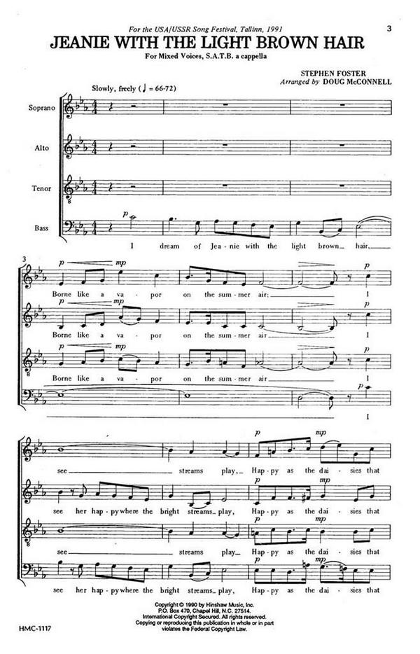 Stephen Foster, Jeanie With The Light Brown Hair&nbsp;&nbsp;SATB a Cappella&nbsp;&nbsp;Chorpartitur